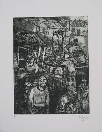 Click the image for a view of: Dumisani Mabaso. Untitled (street). 2009. Etching. 483X375mm